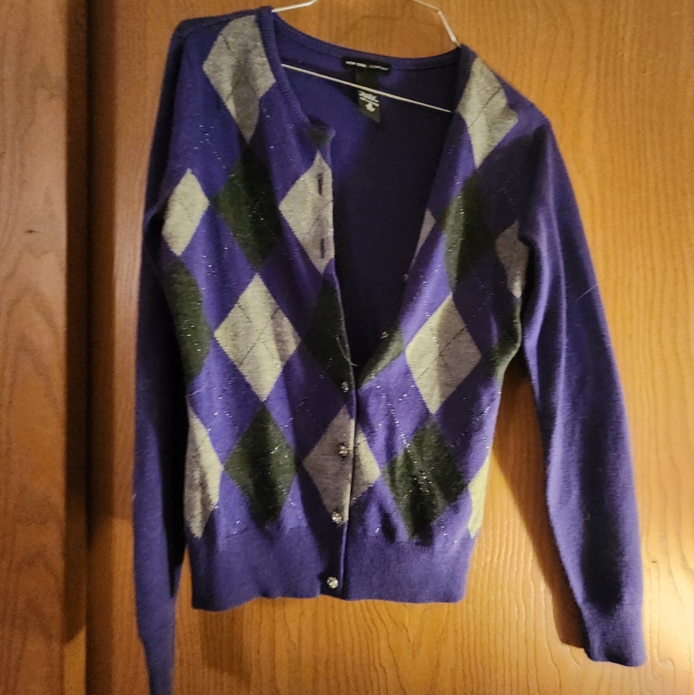 New York Co, purple/black argyle cardigan Small